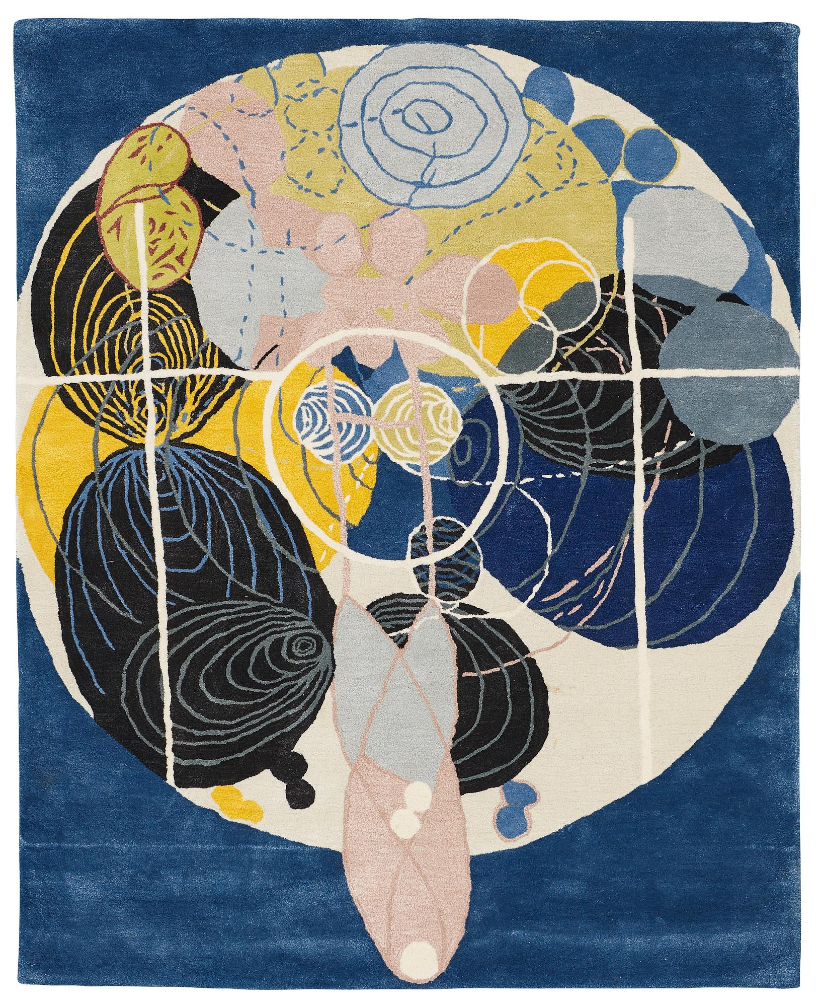 Hilma af Klint, a carpet, "Group III, no 5, The Large Figure Paintings", 10/30, hand tufted, ca 201 x 162,5 cm.