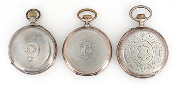 FICKUR, 3 st, låghaltigt silver 800, omkring 1900. Total vikt ca 263g.