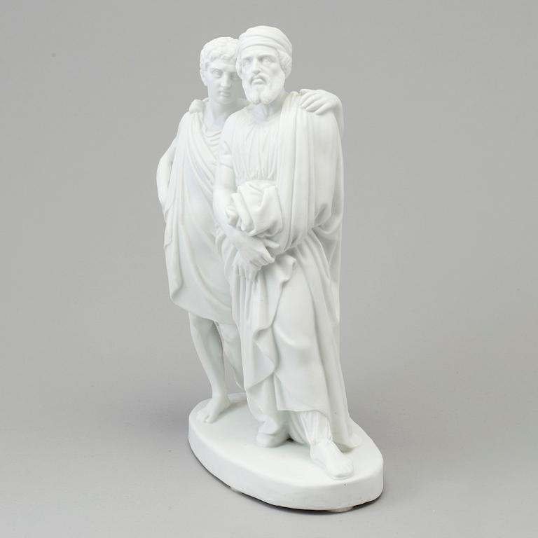 A bisquit scultpure of 'a son with his father' after Bertel Thorvaldsen, Bing & Gröndahl, Denmark, 19th Century.