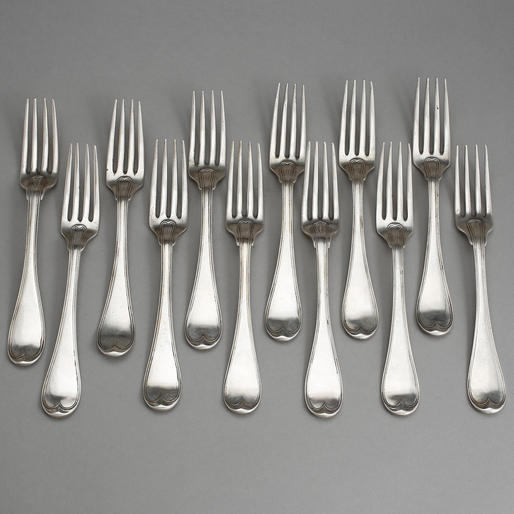 MATGAFFLAR, silver, 12 st, G Hamqvist, Åmål, 1808-1809. Tot vikt ca 846 gram.