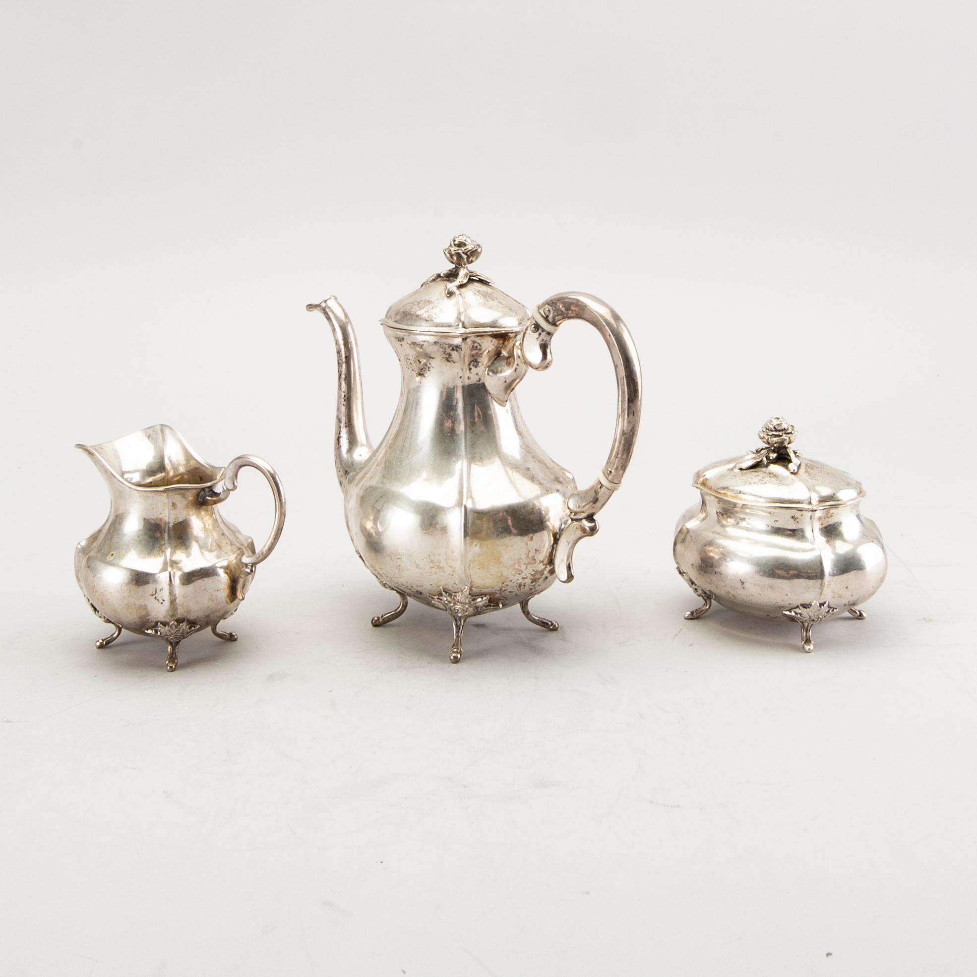 Kaffeservis 3 dlr silver svenska importstämplar 1900-talets första hälft.