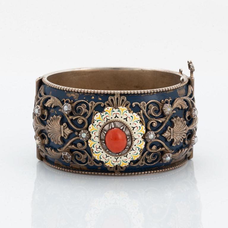 Silver, pearl and coral bangle.