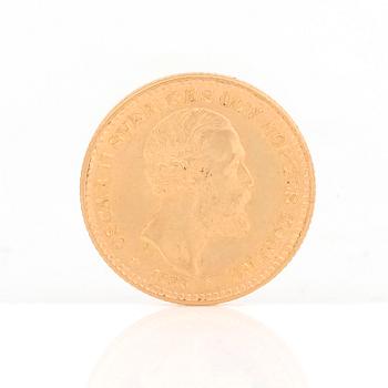 GULDMYNT, 10 kronor, Oscar II av Sverige och Norge 1883. Vikt ca 4,5 gram.