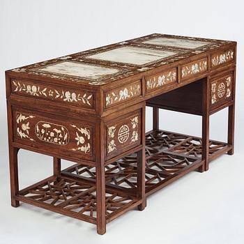 A Chinese writng desk with stone placques and mother of pearl inlay, late Qing dynasty.