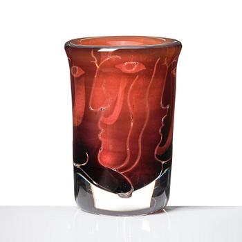 Ingeborg Lundin, a burgundy ariel glass vase 'Ansikten' (Faces), Orrefors, Sweden 1971, executed by master glassblower John Johansson.