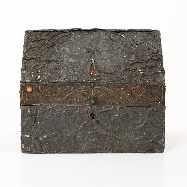 A pewter and copper jewellery box,  with inlaid stones, France, probably circa 1900.