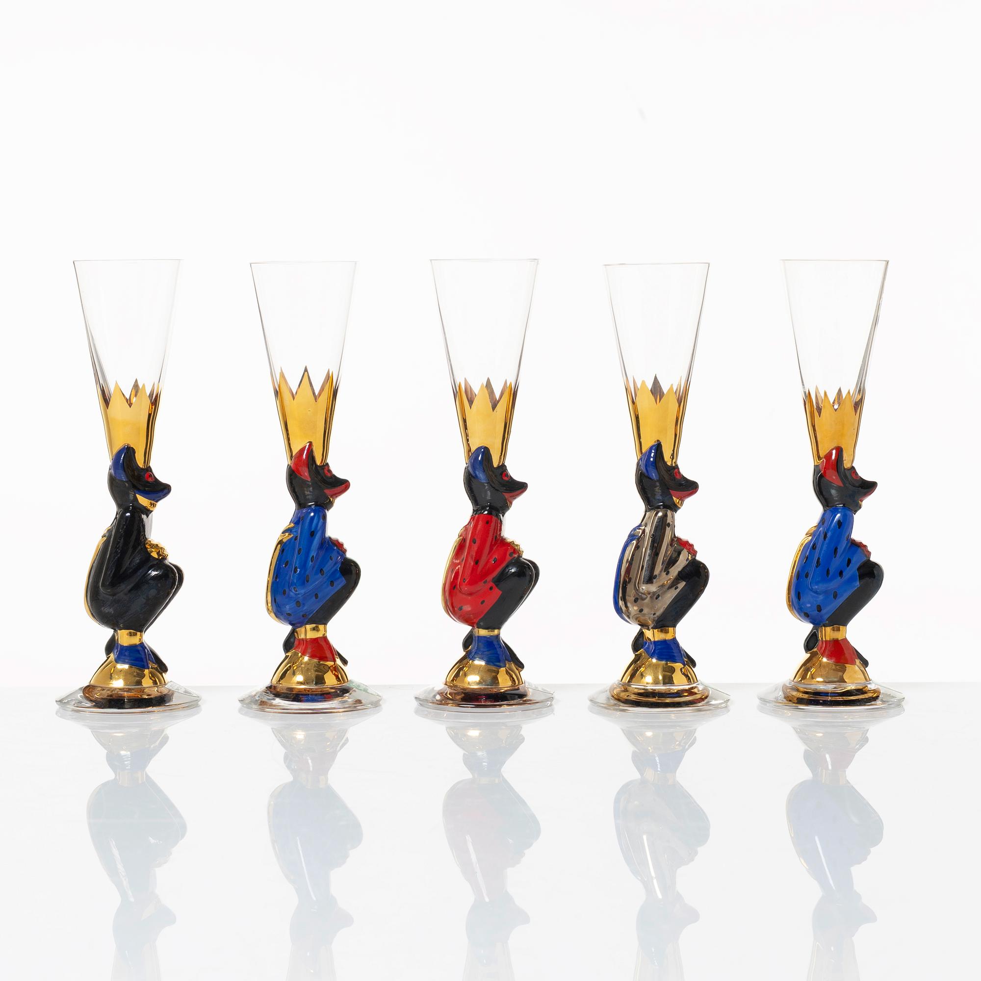 Gunnar Cyrén, snapsglas, 5 st, s.k. "djävulsglas", ur "Nobel" servisen, Orrefors.