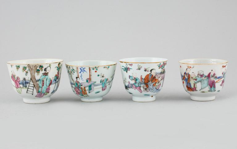 Three polychrome cups with barrels, three cups, one bowl with lid and one plate, Qing dynasty, 18/19th century.