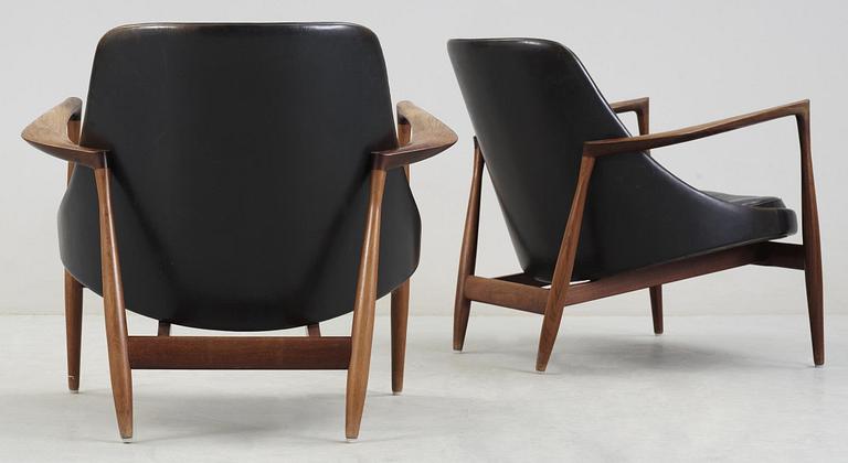 A pair of Ib Kofod Larsen palisander and black leather 'Elisabeth' easy chairs, Christensen & Larsen, Denmark 1950-60's.