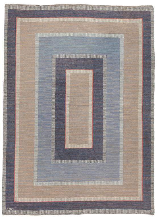 CARPET. "Blå bårdmattan". Flat weave. 351 x 253 cm. Signed MMF.