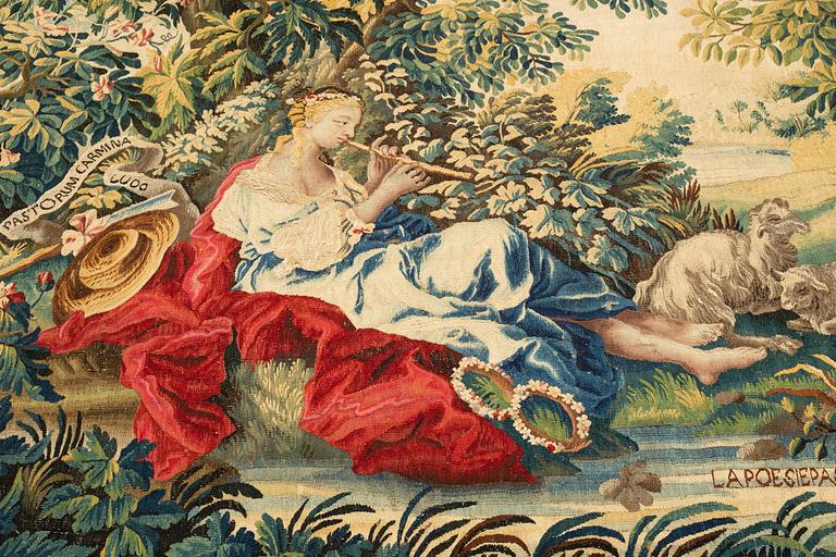 A tapestry, “La poesie pastoral”, tapestry weave, ca 251,5 x 283 cm, after Boucher, France 18th century.