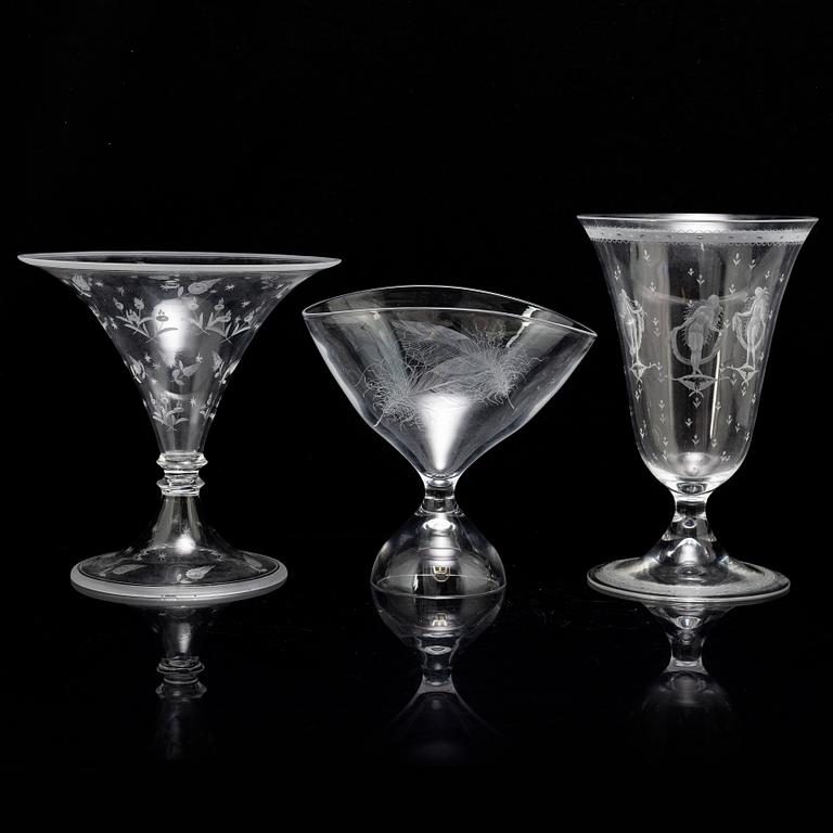 Three glass vases, from Orrefors and Kosta, first half of the 20th century.