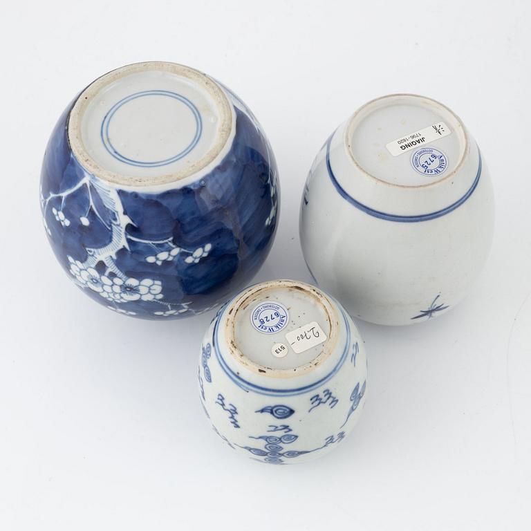 Five blue and white ginger jars, porcelain, China, 19th-20th century.