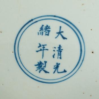 A large blue and white with five clawed dragon dish, Qing dynasty with Guangxu mark.