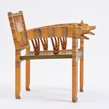 Gérard Rigot, a sculpted and painted oak chair, exectued in his studio, France, second half of the 20th century.