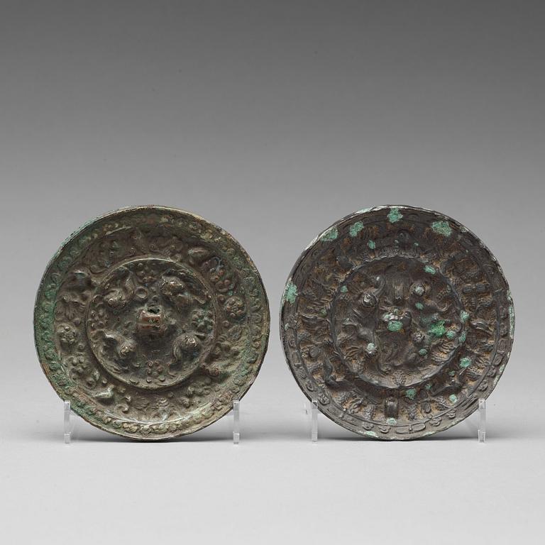 Two bronze mirrors with mythical animals,  Tang dynasty (618–907).