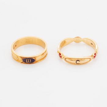 Two rings, 18K gold and enamel.