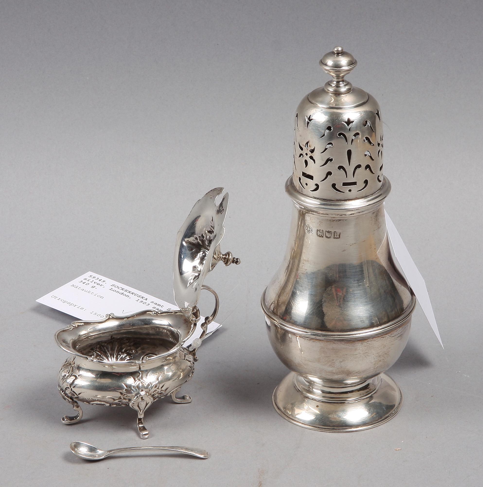 SOCKERRUSKA samt SALTKAR, silver, London, 1903 samt 1906, 340 g.