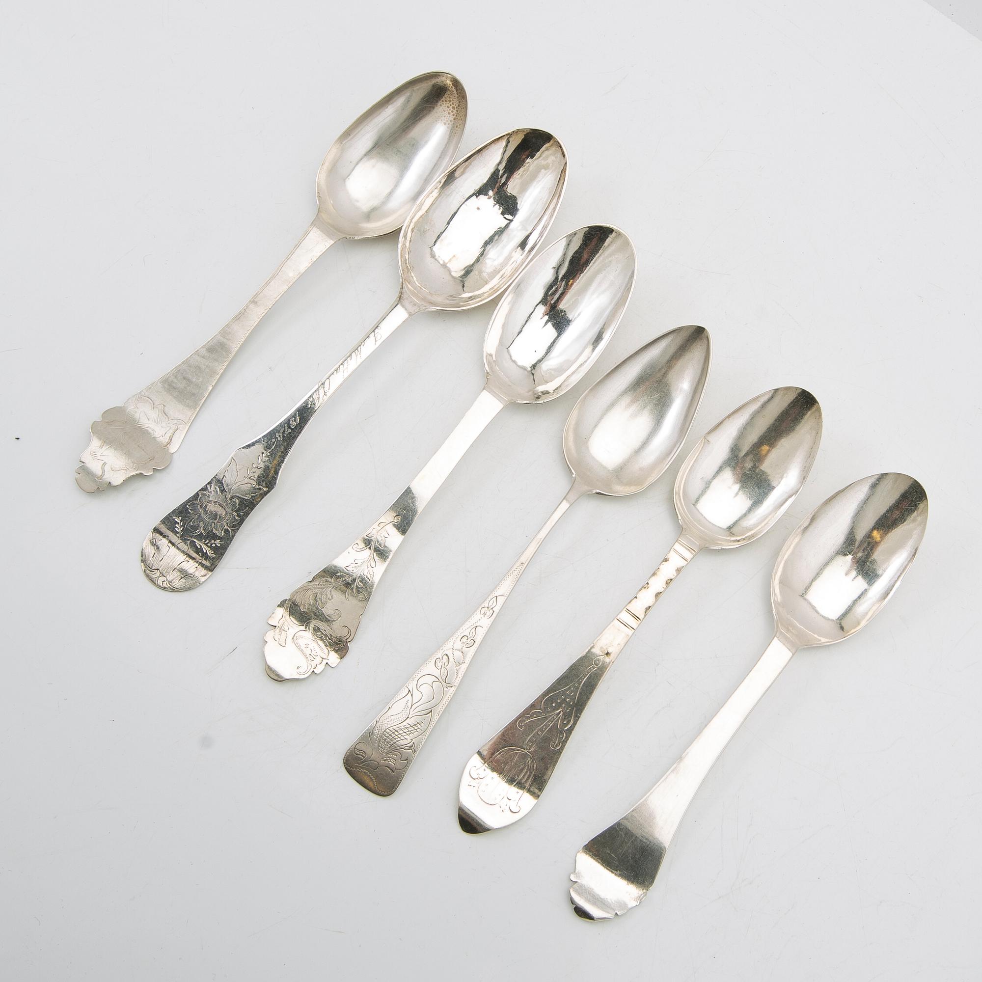 Spoons, 6 pieces, silver, 18th-19th century.