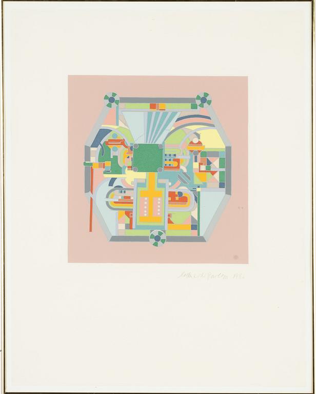Eduardo Paolozzi, silkscreen in colours, 1986, signed and a scarf and brooches.