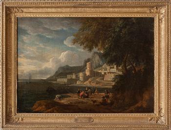 Lucas de Wael Circle of, Landscape with figures and a castle.