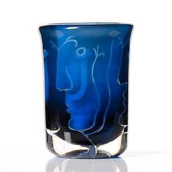 Ingeborg Lundin, a blue ariel glass vase 'Ansikten' (Faces), Orrefors, Sweden 1974.