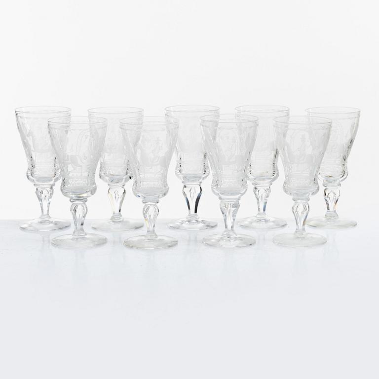 Vicke Lindstrand, nine 'Dalecarlia' sherry glasses, Kosta Boda.