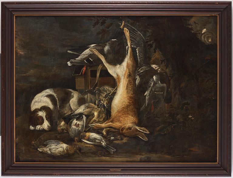 Jaktstilleben med hund, hare och fåglar.