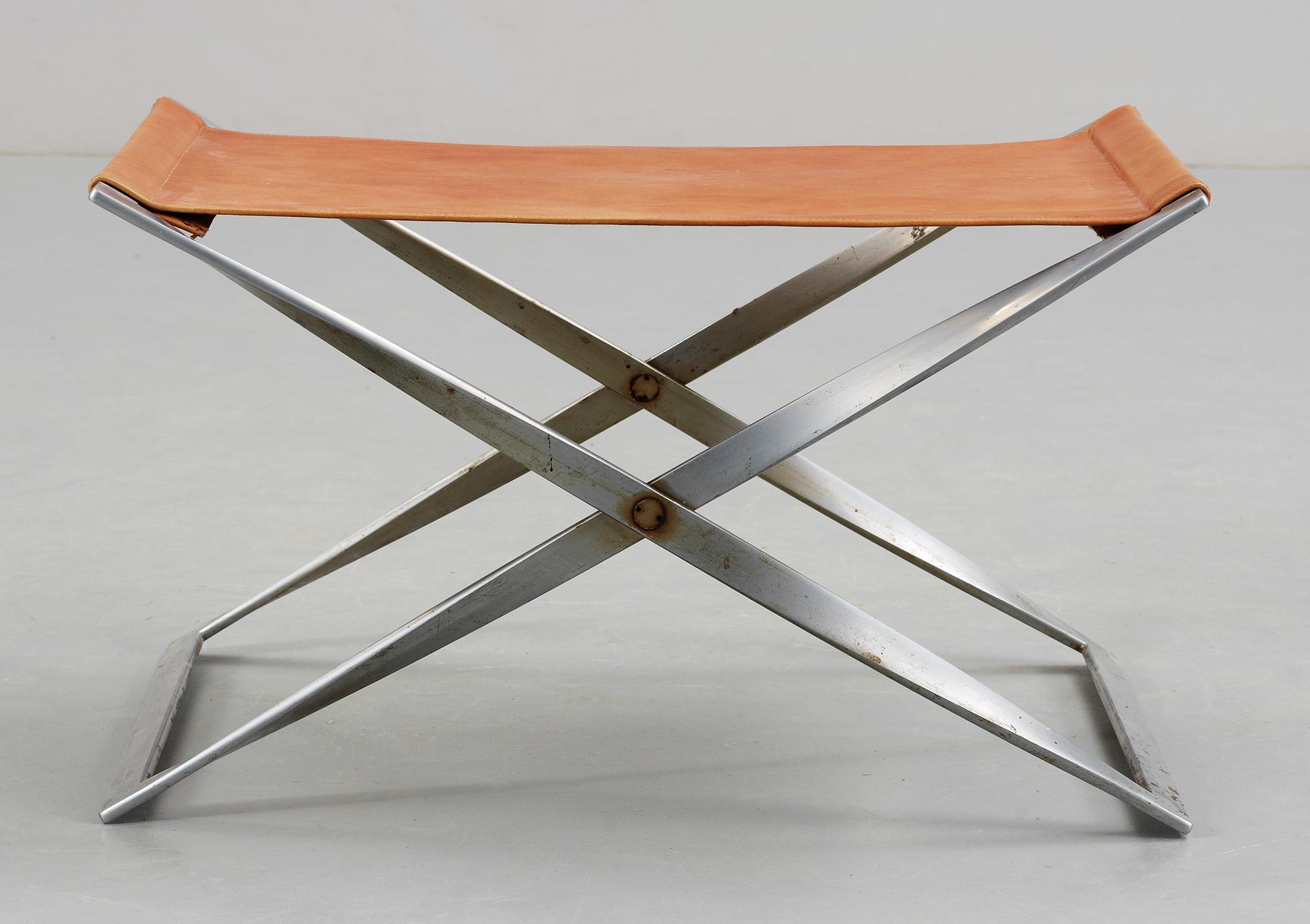 A Poul Kjaerholm 'PK-91' steel and brown leather stool, Fritz Hansen, Denmark.
