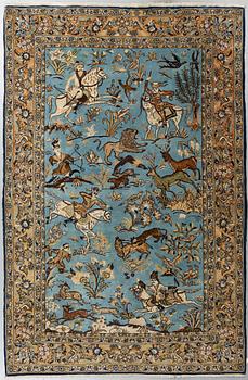 Matto, old Qum figural part silk, ca 213 x 135,5-139 cm.