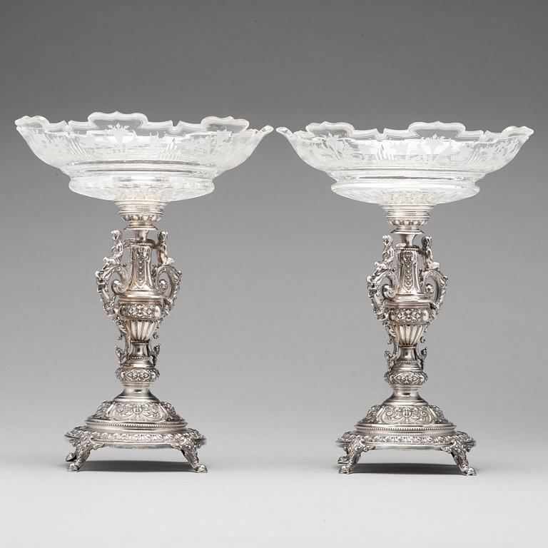 A pair of Swedish 19th century silver and glass tazza, mark of Gustaf Möllenborg, Stockholm 1882.