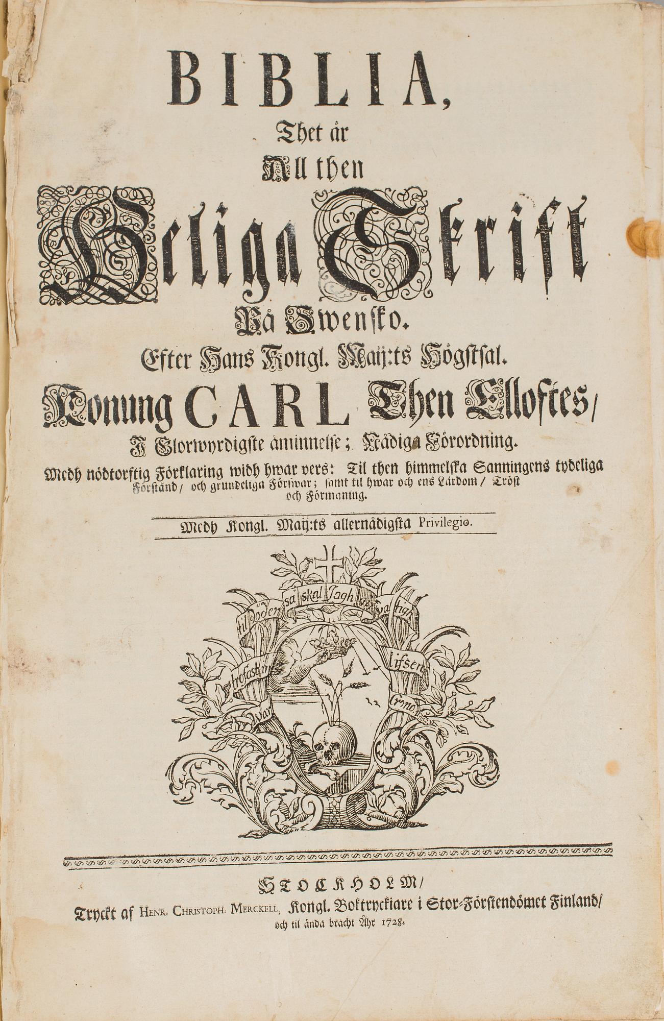 The Old Testament, Johannes Gezelius, printed by Henr. Christoph Merckell, Stockholm 1728/1724.