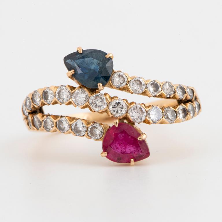 Ruby, sapphire and brilliant-cut diamond ring.