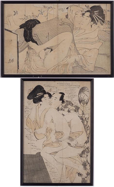 Oidentiferad konstnär, två träsnitt med erotiska s.k. 'shunga'-motiv, Japan, sen Meiji/1900-talets första hälft.