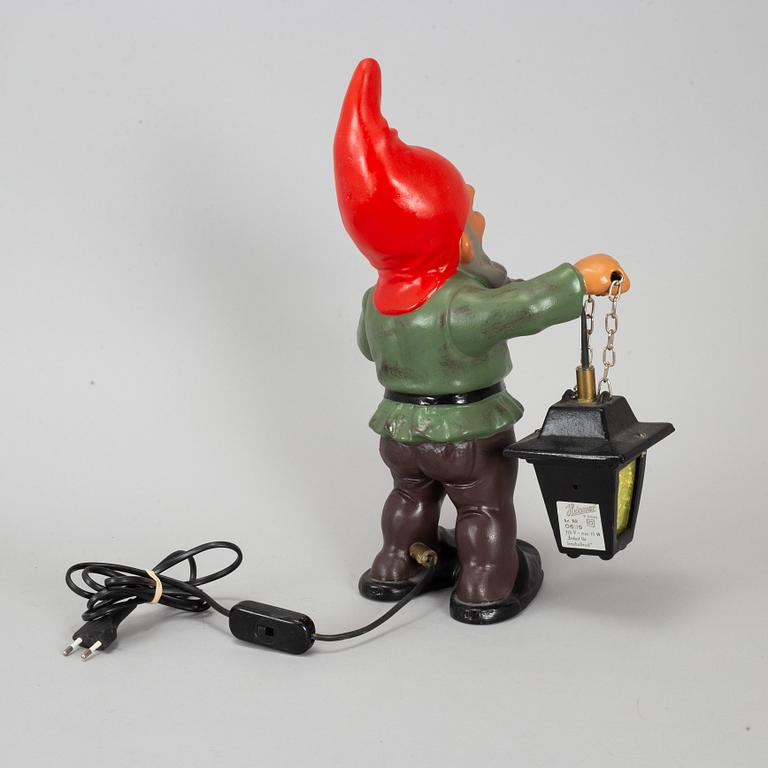 A Heissner ceramic gnome with lamp.