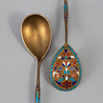A set of twelve 19th century silver-gilt and cloisonné enameled tea-spoons, marked Gustav Klingert, Moscow 1880's.