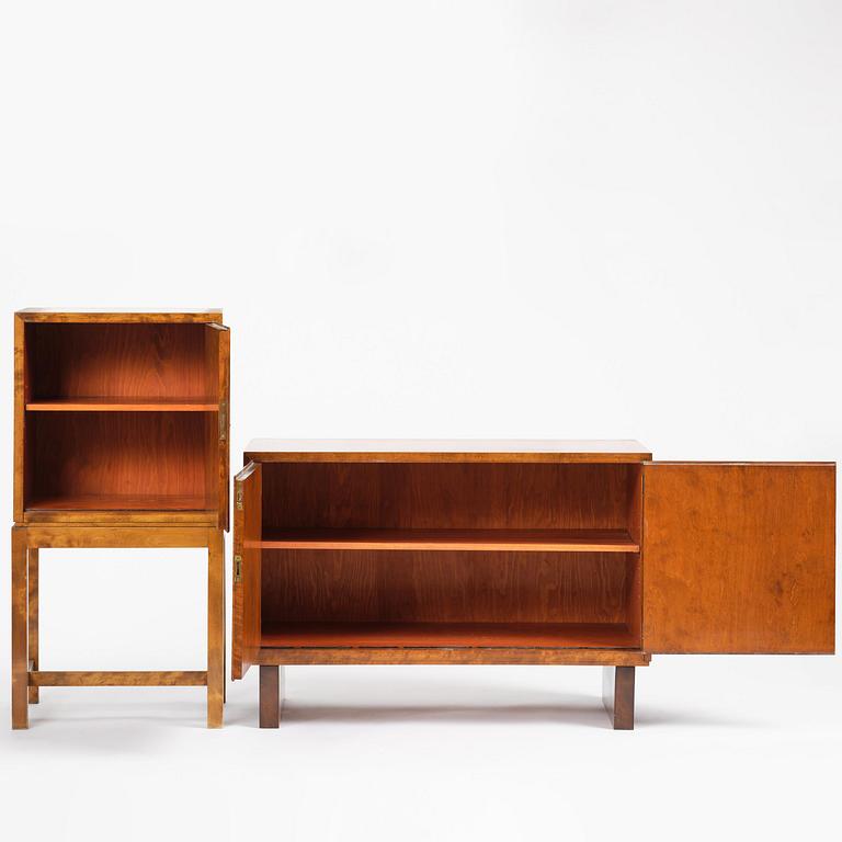 Hyresgästernas Möbelaffär, a set of two functionalist birch cabinets, Stockholm, 1930s.