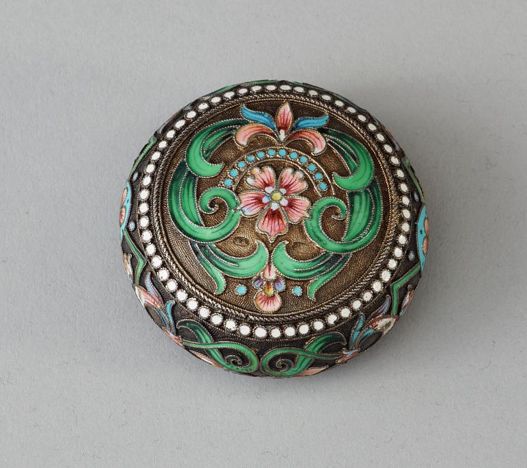 A Russian silver and cloisonné enamel piller-box, unidentified maker, Moscow 1896-1908.