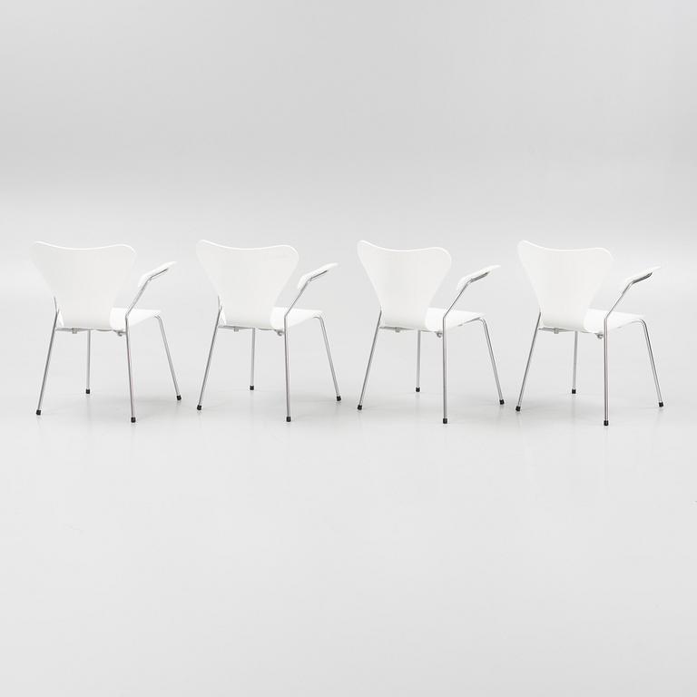 Arne Jacobsen, four 'Series 7' chairs, Fritz Hansen, Denmark, 2002.