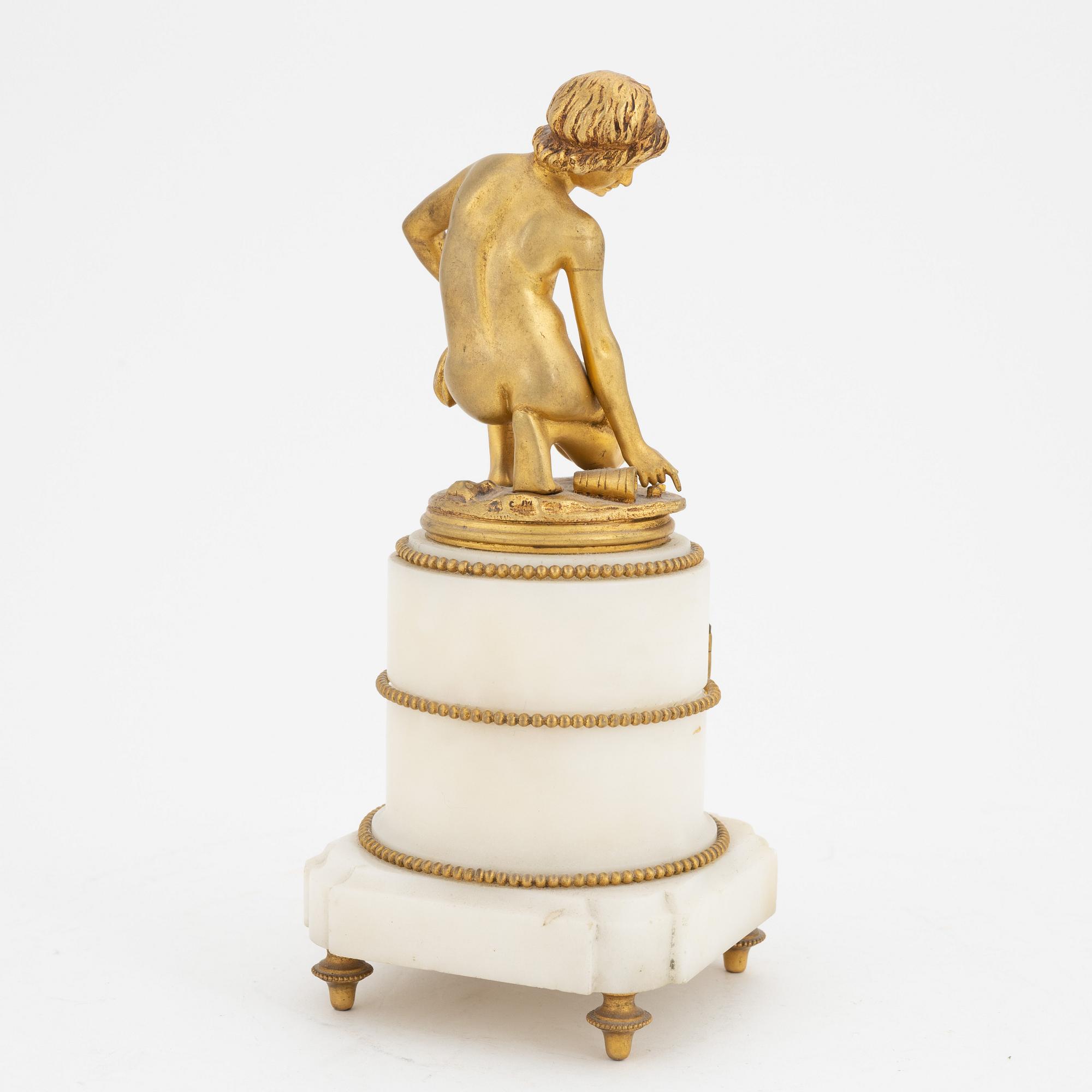 A Louis XVI-style marble and ormolu mantel clock, late 19th Century.