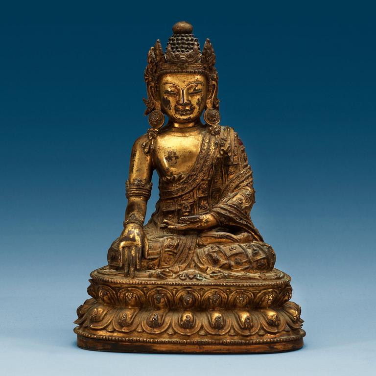 A Tibetan gilt bronze figure of Bodhisattva, presumably 17/18th Century.