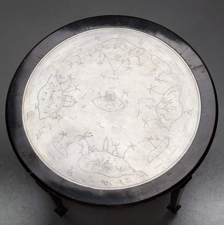 A Nils Fougstedt engraved pewter top table, Svenskt Tenn, Stockholm 1926.