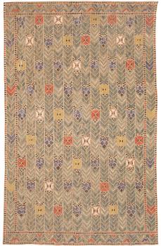 655. DRAPE. "Rågen". Flat weave (inplock på linnebotten). 288 x 184 cm. Signed MMF.