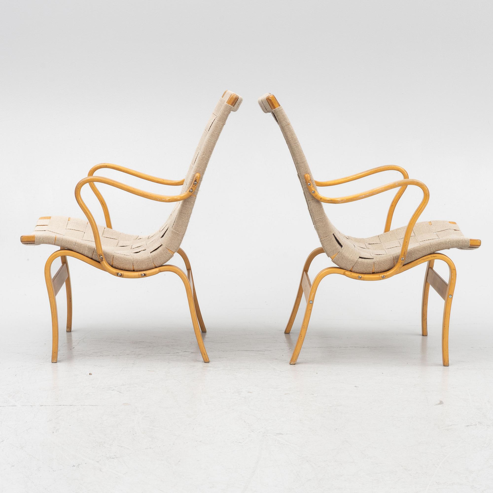 Bruno Mathsson, a pair of 'Eva' armchairs, Karl Mathsson Värnamo 1961 and 1962.