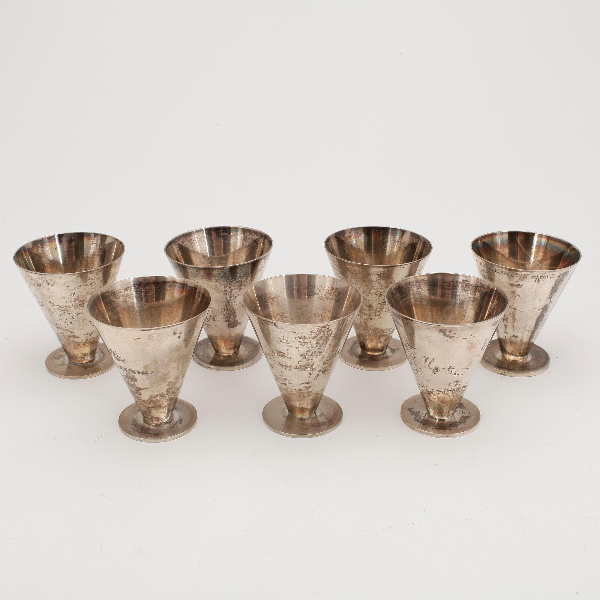 COCKTAILGLAS, 7 st, silver, Wiwen Nilsson, Lund 1931 - 1940. Vikt 469 gram.
