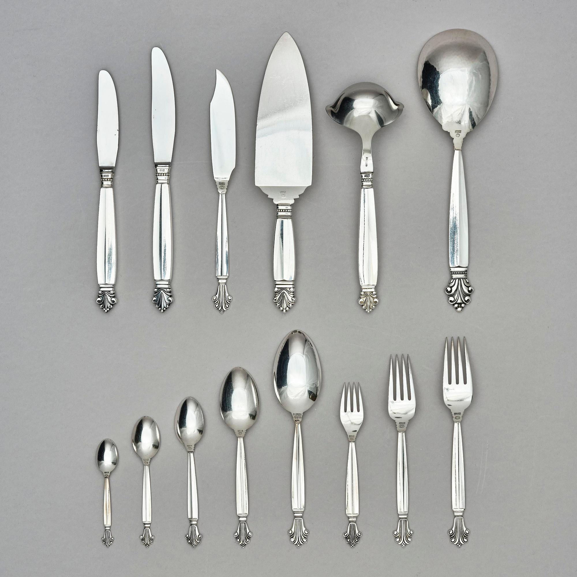 Georg Jensen, a sterling silver flatware set, 135 pieces, 'Dronning/Acantus', design Johan Rohde, Copenhagen, Denmark after 1945.