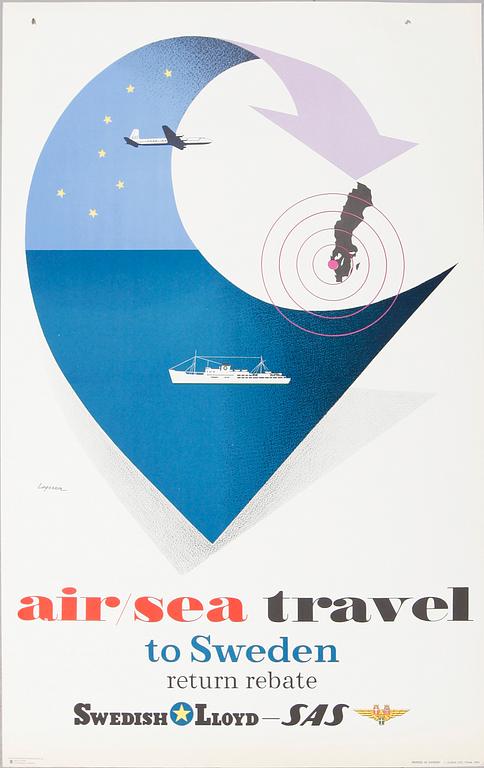 REKLAMAFFISCH, litografiskt tryck, "Air/Sea Travel", Lagerson, 1955.