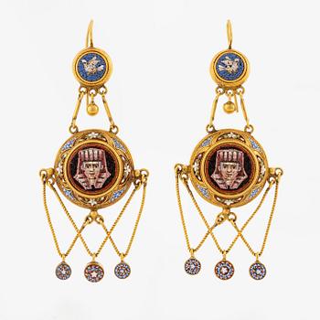 A Victorian Egyptian Revival Micromosaic pendant and a pair of earrings in 18K gold.