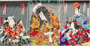 Toyohara Kunichika · KUNICHIKA TOYOHARA, träsnitt, triptyk, Japan 1800-tal.