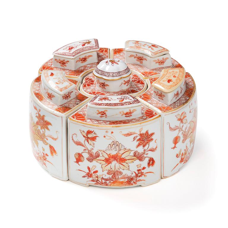 A 'rouge de fer' six piece tea caddy set, Qing dynasty, early 18th Century.